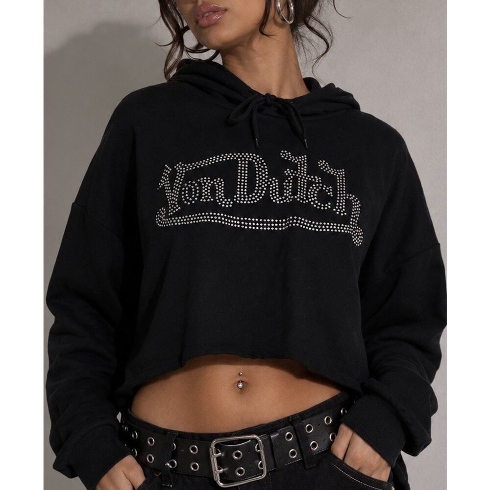 Von Dutch Vintage Womens Size L Black Cropped Jeweled Logo Pullover Hoodie Y2K - Picture 2 of 10